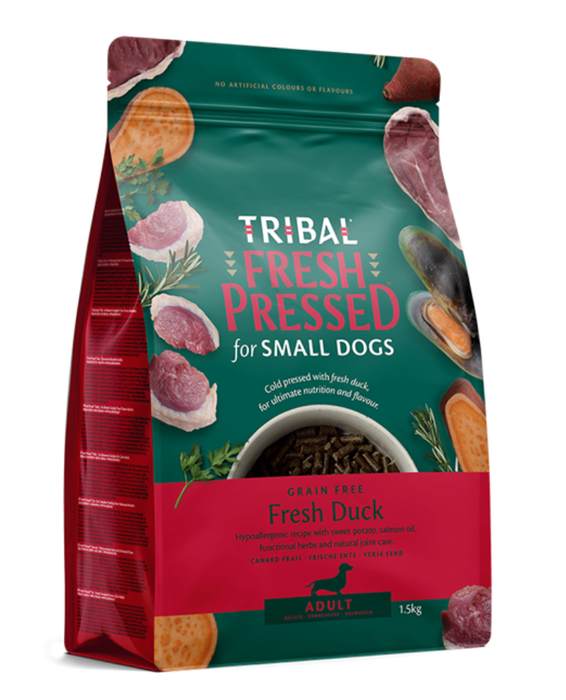 Tribal Fresh Pressed dog food package for small dogs with duck flavor on a white background