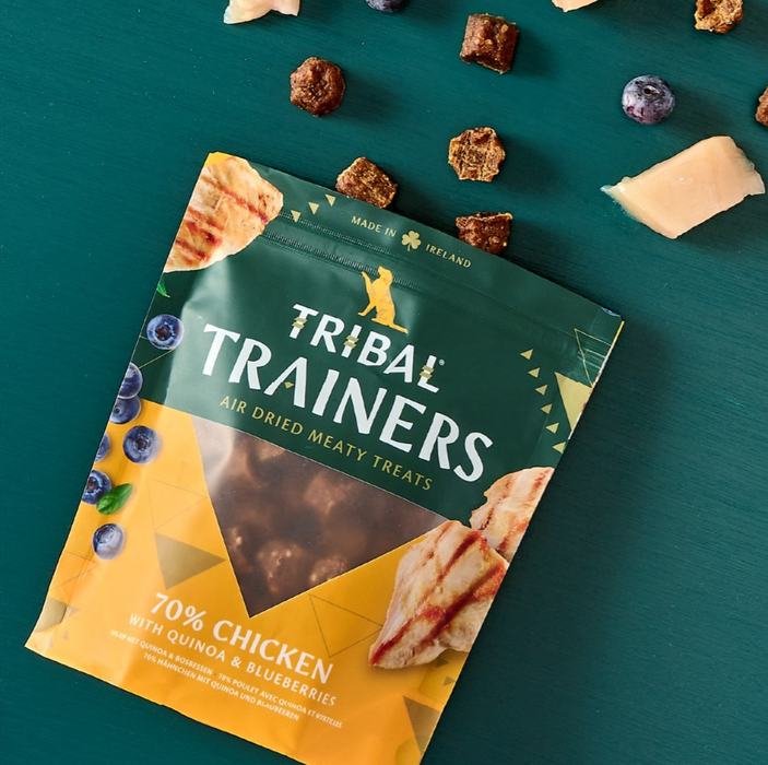 Tribal Trainers dog treat package on a teal background with treats around it.