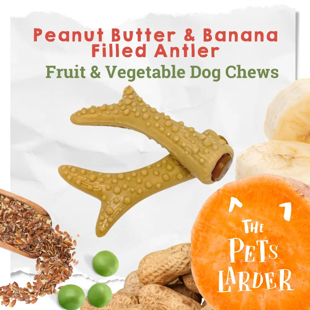 Vegetable peanut butter and banana filled antler chew toy for dogs