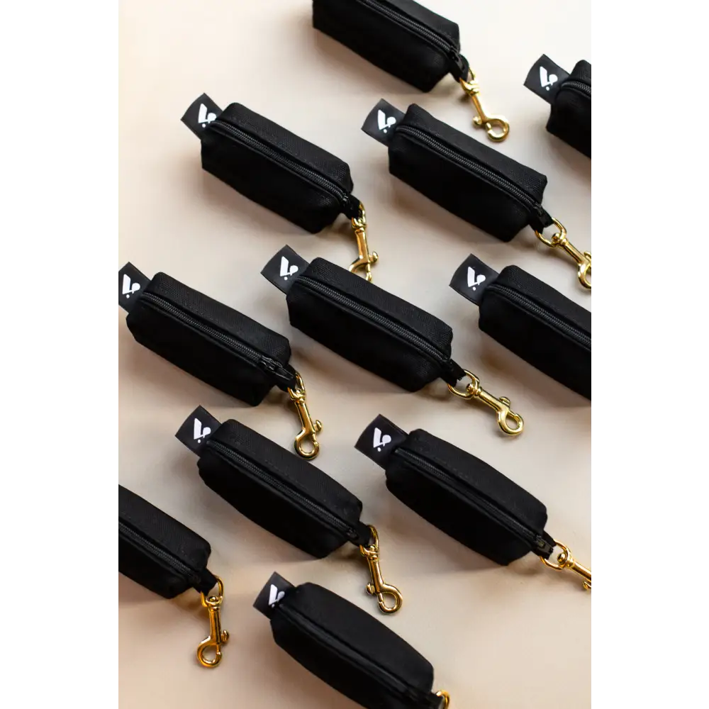 Black zippered Waste Bag Treat Holder with gold solid brass hardware and chain strap