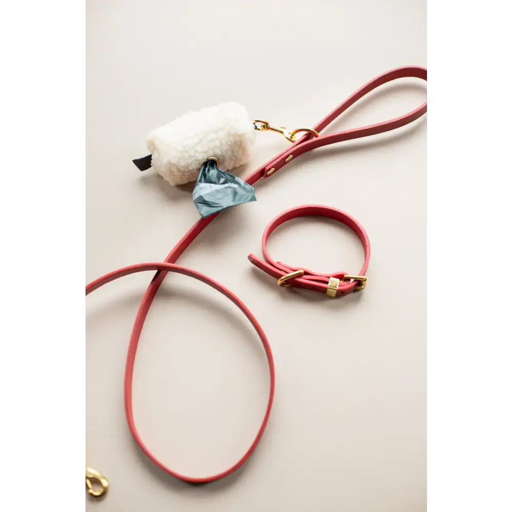 Coral leather leash with white fur, blue ribbon, and solid brass hardware for Waste Bag/Treat Holder