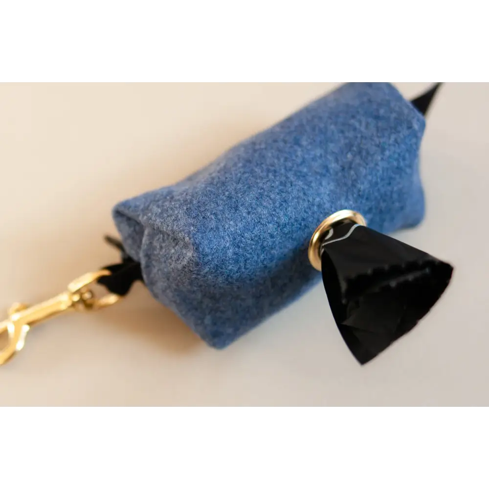 Blue felt Waste Bag Treat Holder with black tassel and solid brass hardware