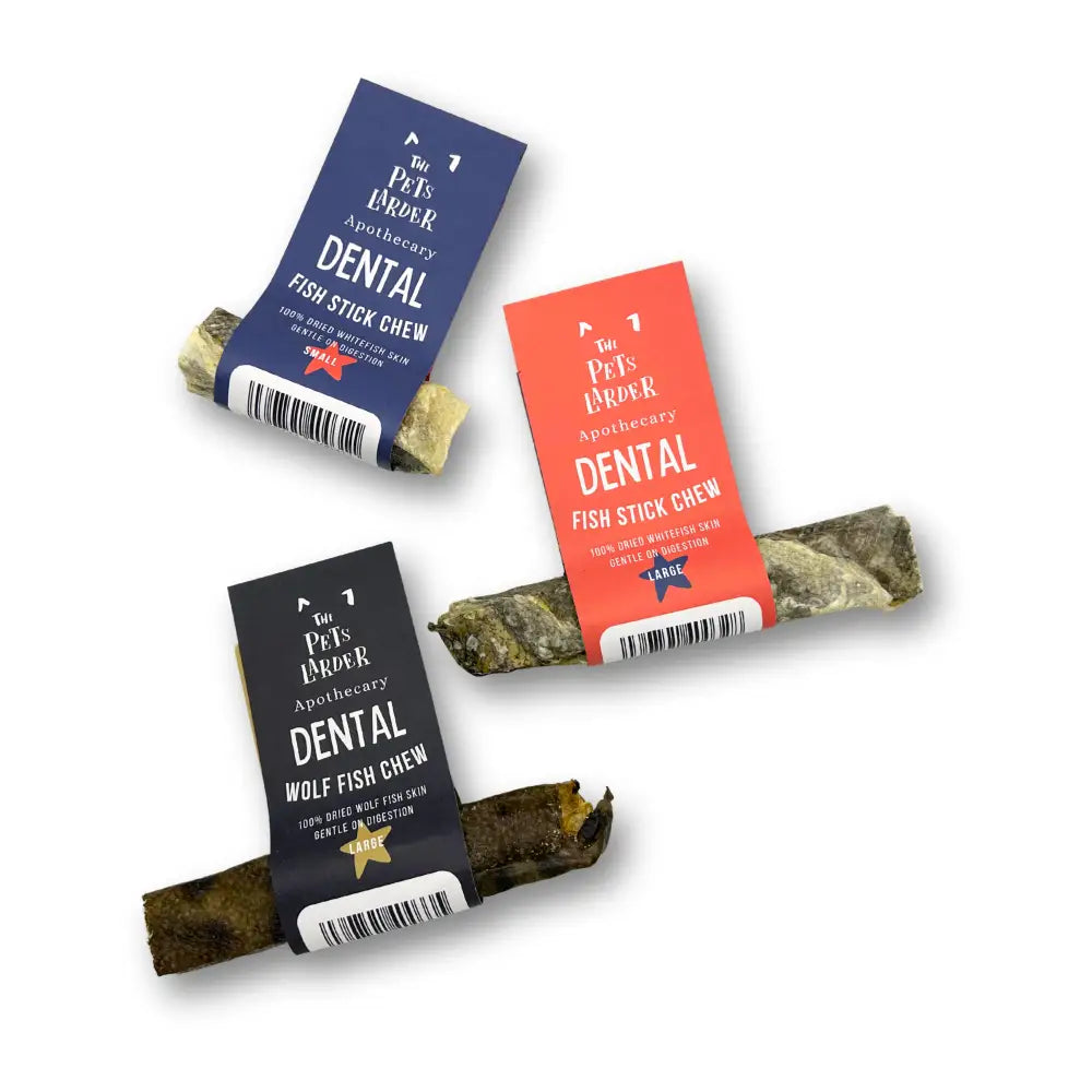 Wolf Fish Stick Chew for Dogs in Blue, Red, Black Packaging