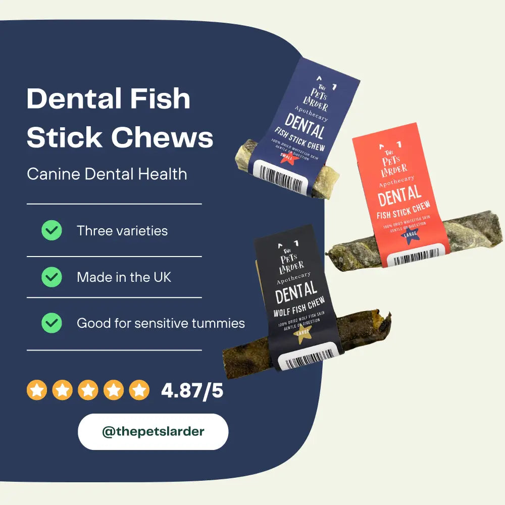 Wolf Fish Stick Chew for Dogs with Blue Packaging and Green Checkmarks