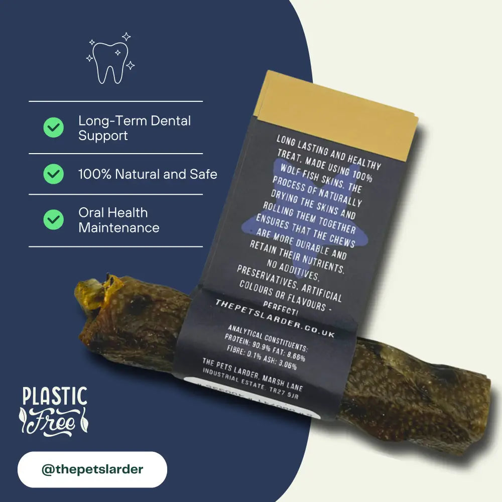 Wolf Fish Stick large natural fish skins chew for dogs in brown yellow hues