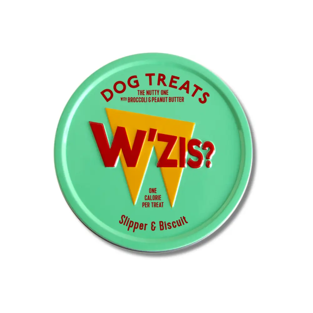 Mint green W’ZIS? tin of plant-based dog treats with angular profile