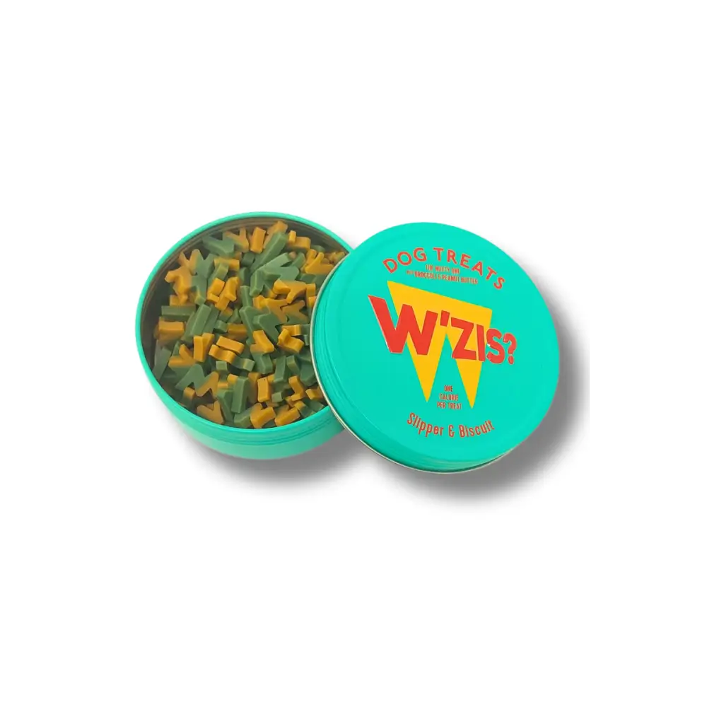W’ZIS? Slipper & Biscuit Tin of angular profile plant-based dog treats promoting teeth cleaning