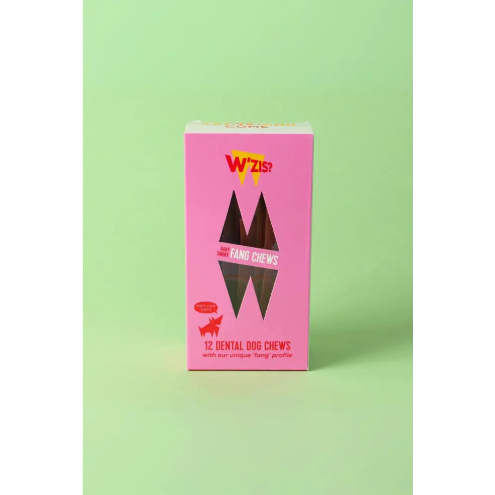 Pink box of W ZIS Smoky Dental Fang Chews with black lettering and design for dog dental health