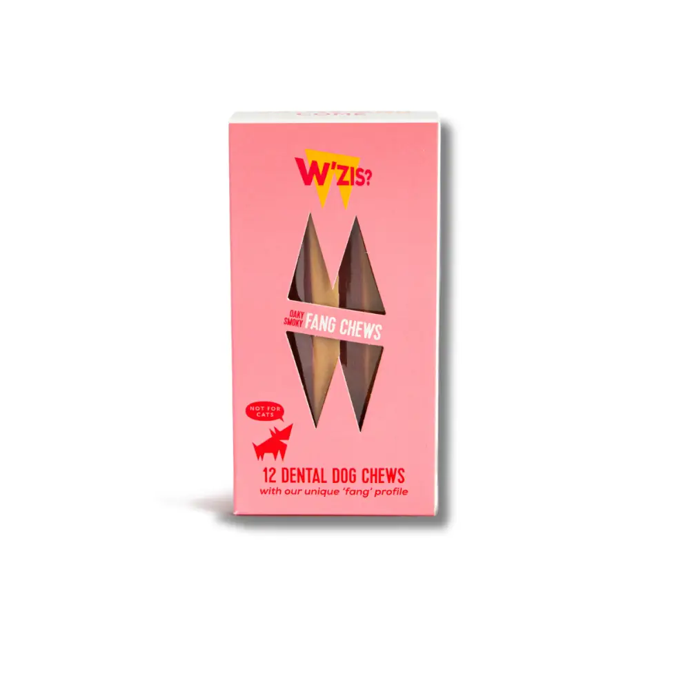 12-pack Smoky Dental Fang Chews in pink box with unique fang profile for dogs