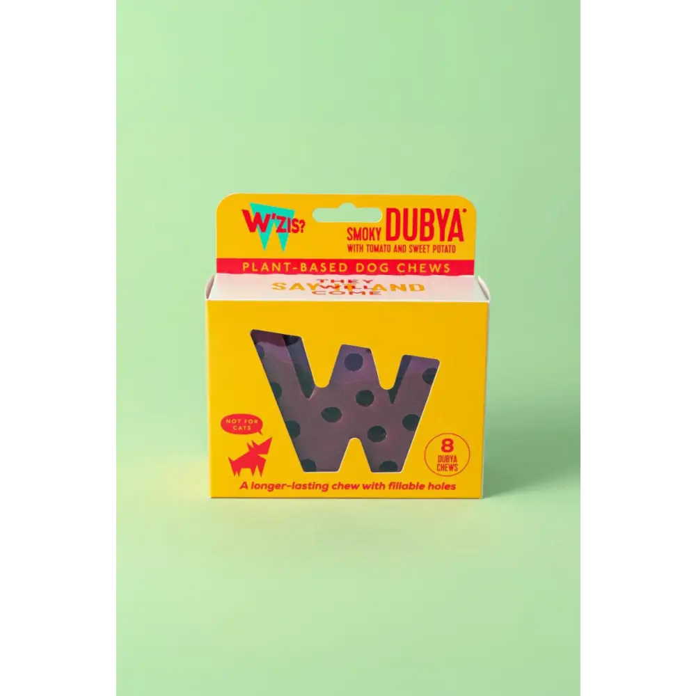 Yellow and black dog chew box with plant-based material and bold W design for Smoky Dubya Vegetable Dog Chew