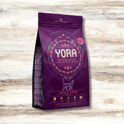 YORA Adult Cat food bag for joint care and gut health on purple background
