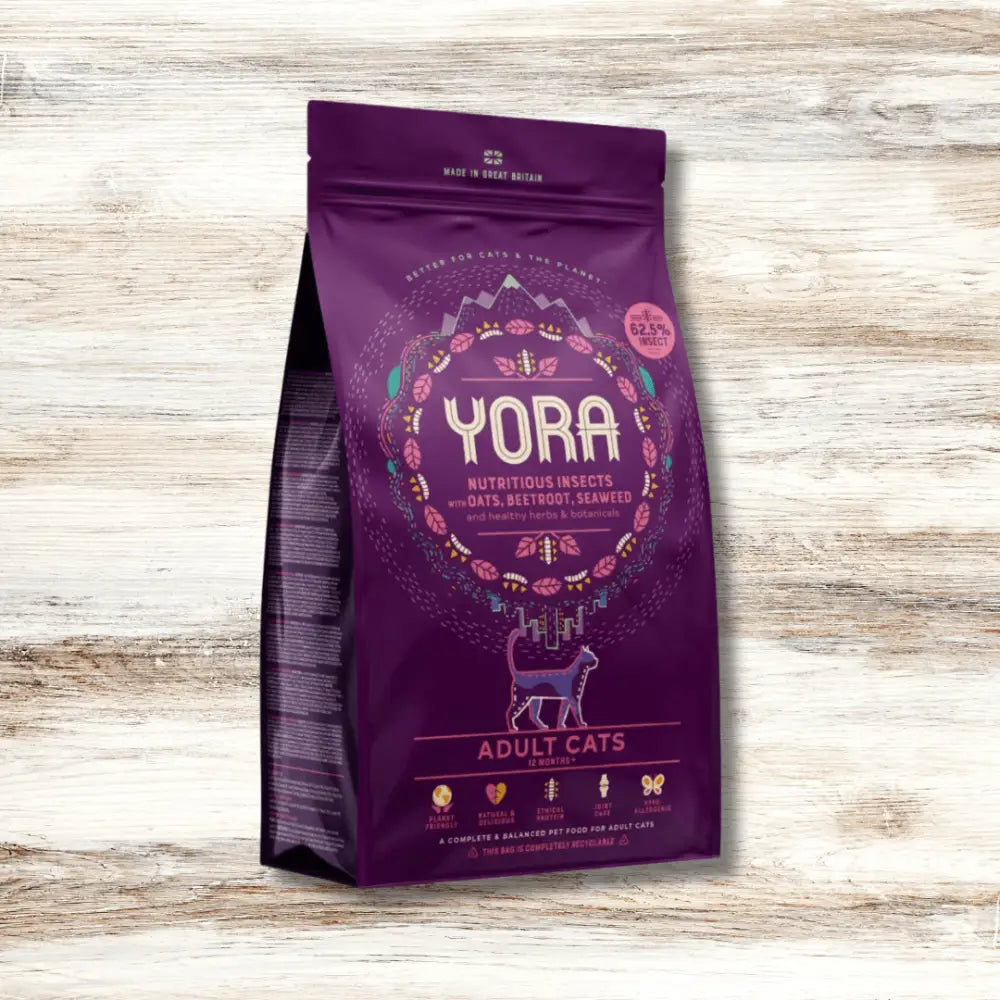 YORA Adult Cat food bag for joint care and gut health on purple background
