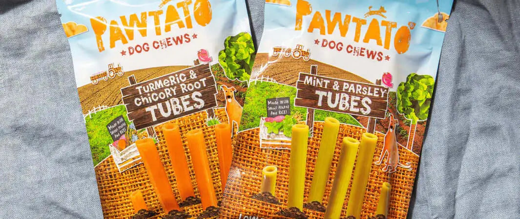 Pawtato Vegan Dog Chews in Turmeric Tubes from Pets Larder