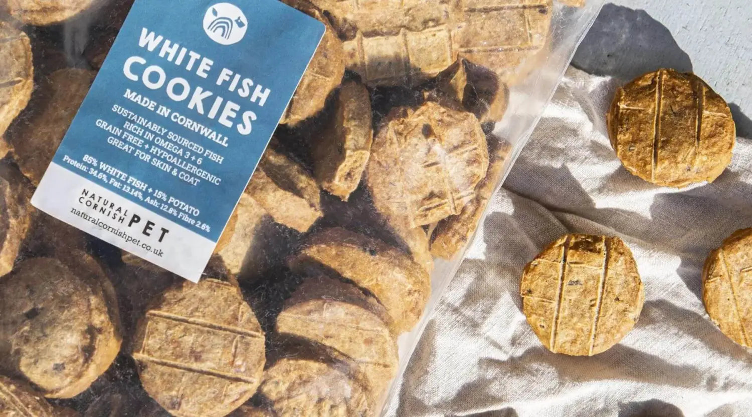 Round white fish cookies from Pets Larder with Cornish fish label