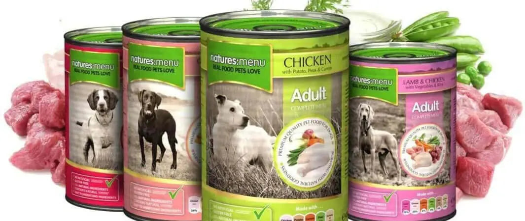 Nature’s Menu canned wet dog food assortment for UK natural producers
