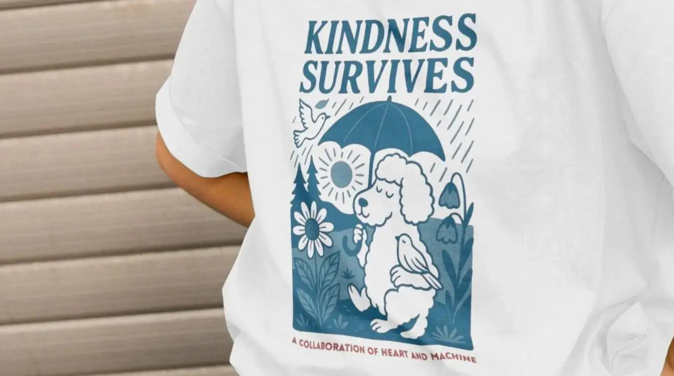 White t-shirt with dog and umbrella illustration, Kindness Survives text, against criminalising peaceful protest