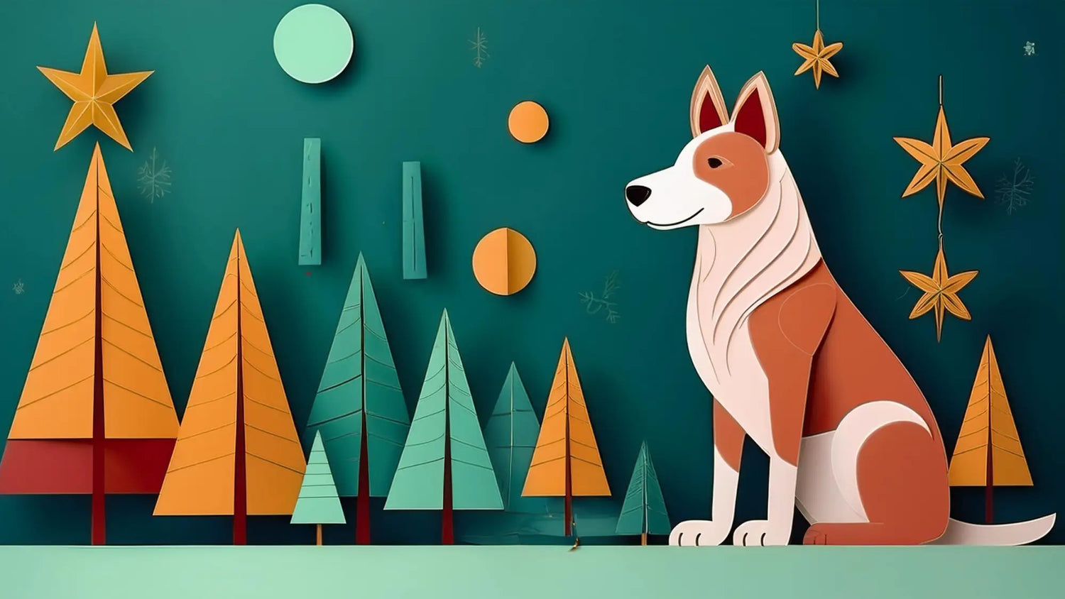Paper cutout dog with brown and white fur sits safe among colorful festive trees