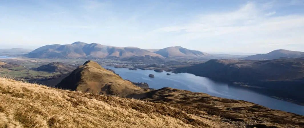 Brown grassy hillside in North West England’s Lake District with distant mountains and lake
