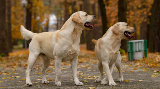 Golden retriever walks through autumn leaves on Green Friday weekend