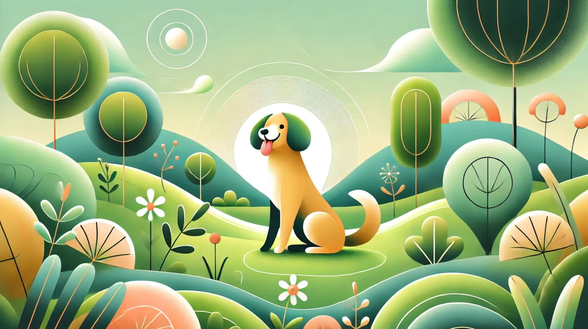 Yellow dog plush toy with green ears and tail on grassy hill, skin health focus