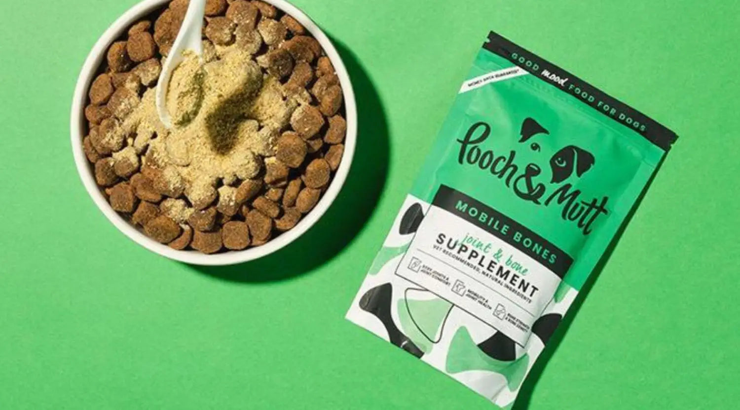 Poach & Mutt dog supplement bag with green white cow design at Pets Larder