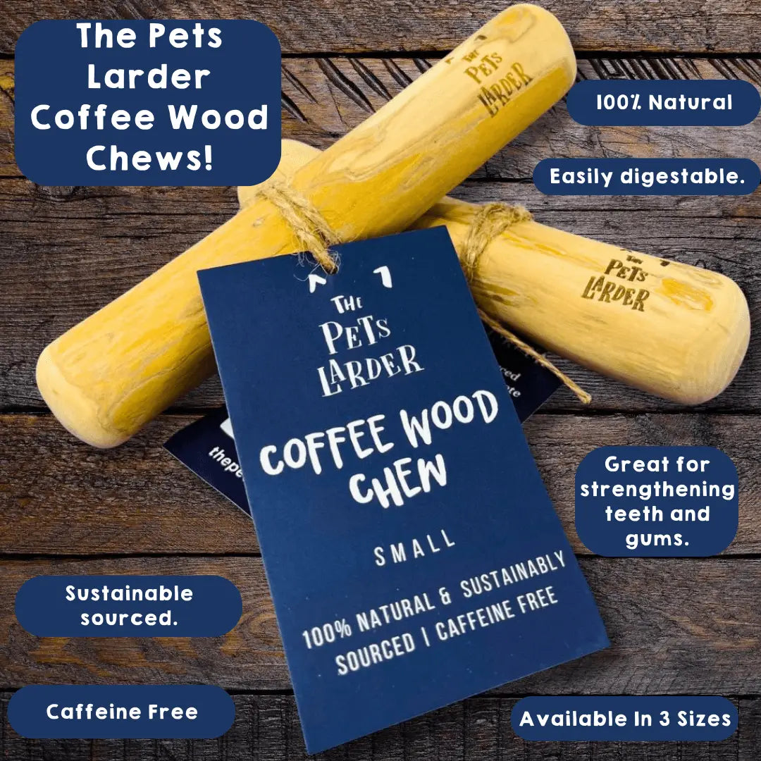 Small coffee wood chews for dogs from The Pets Larder, 100% natural and sustainable.