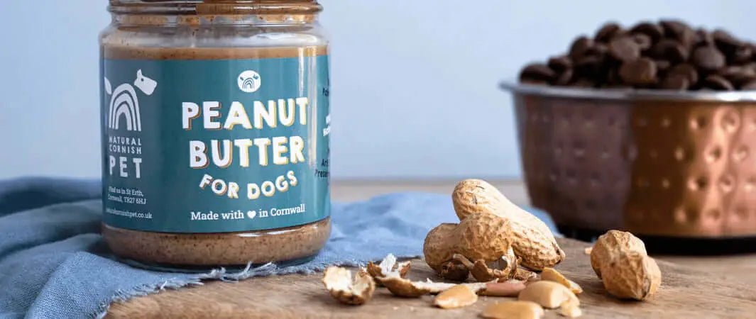 Natural Cornish peanut butter jar with blue label for dog treats
