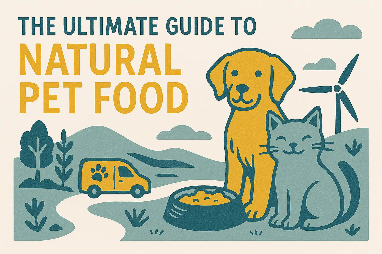 Natural pet food guide book cover with yellow dog and gray cat on wind turbine background