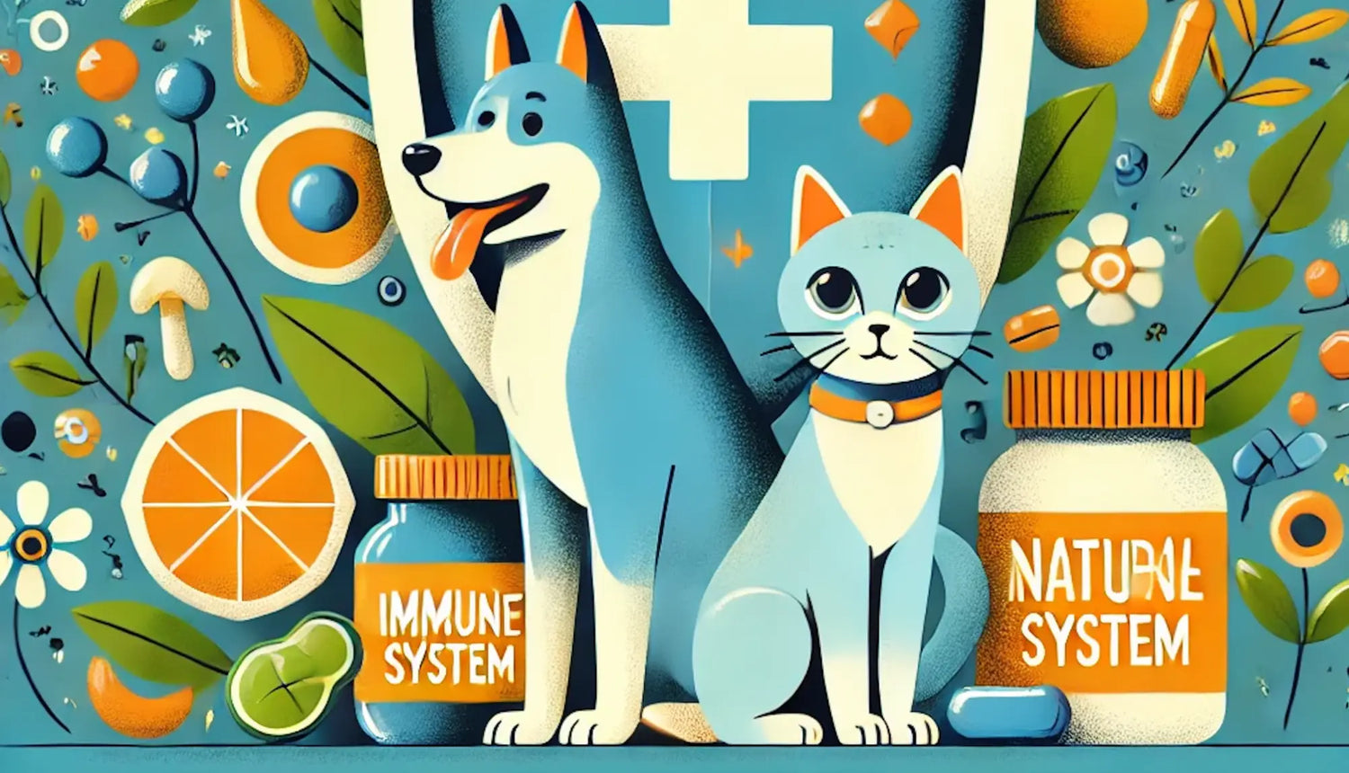 Blue and white cat-shaped jar labeled Nature System for pet’s immune health