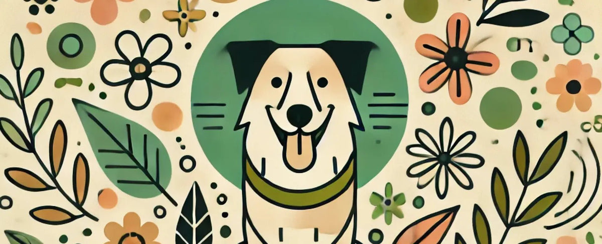Dog with green collar in floral setting for natural wellness routine