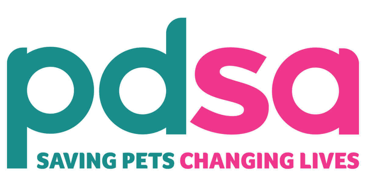 PDSA logo in teal and pink with Saving Pets Changing Lives slogan