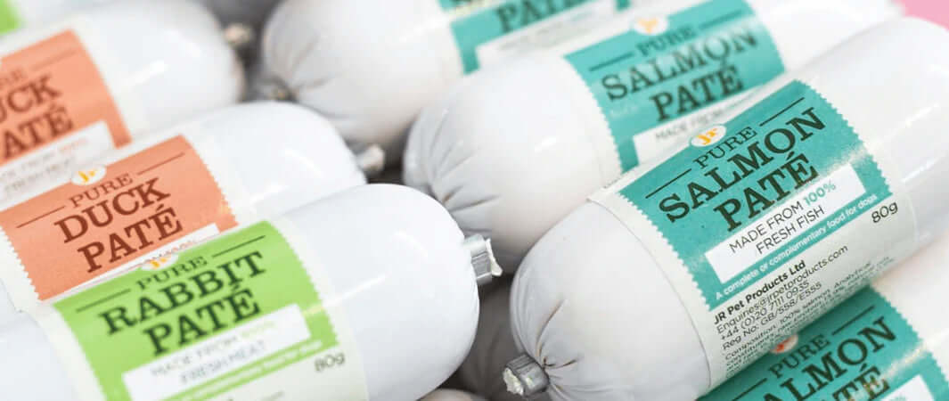 JR Pet Products pure paté salmon sausage roll in white packaging