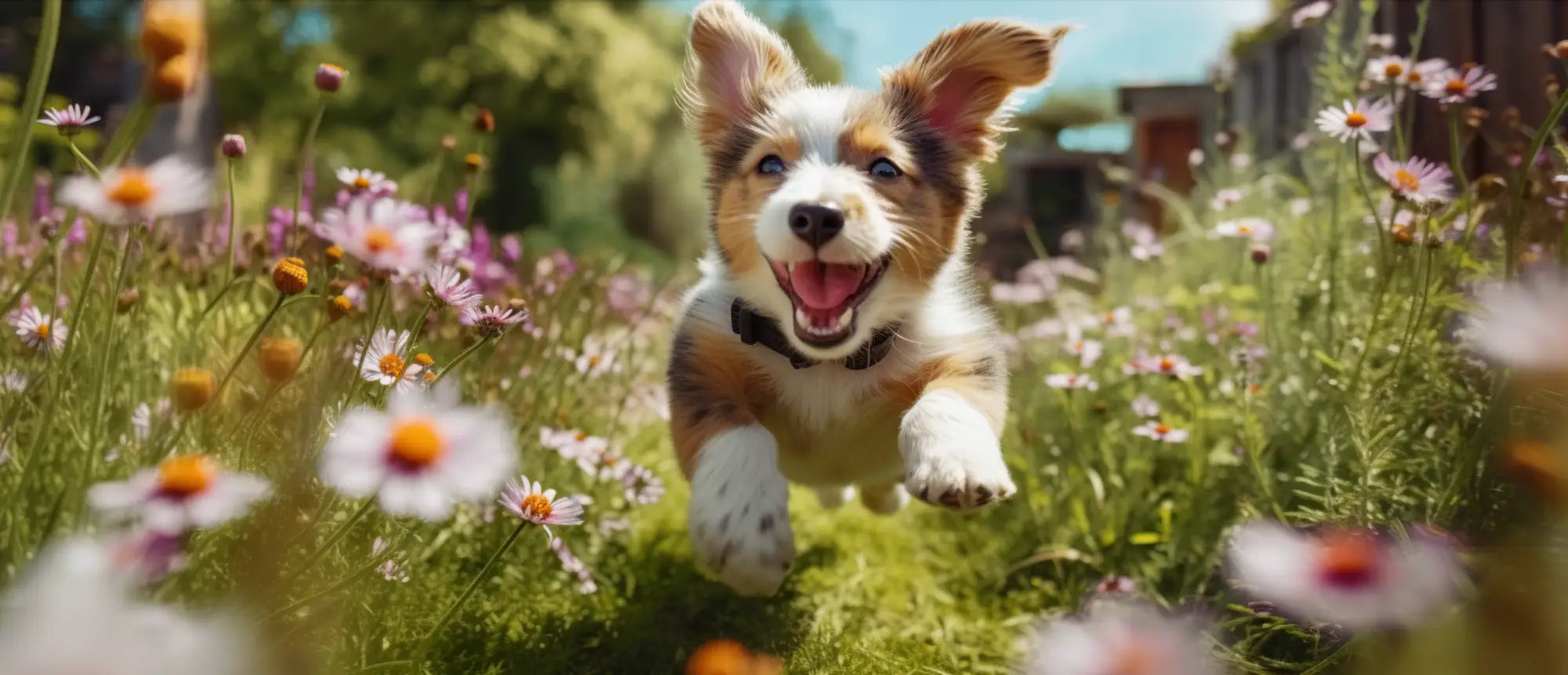 Brown and white puppy running through flowers at Pets Larder natural pet store