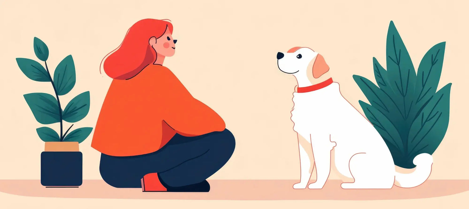 Pet owner in orange sweater modeling positive reinforcement training attire