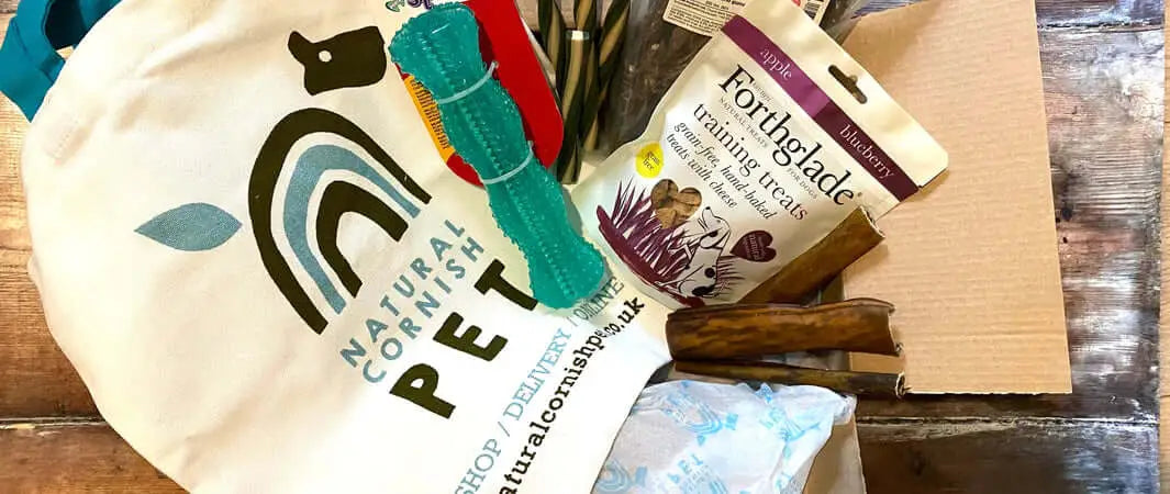 Natural coral pet bag with colorful design in Pets Larder subscription box