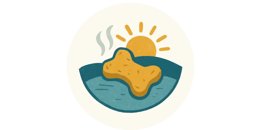 Golden bone-shaped natural dog treat in water with sun illustration