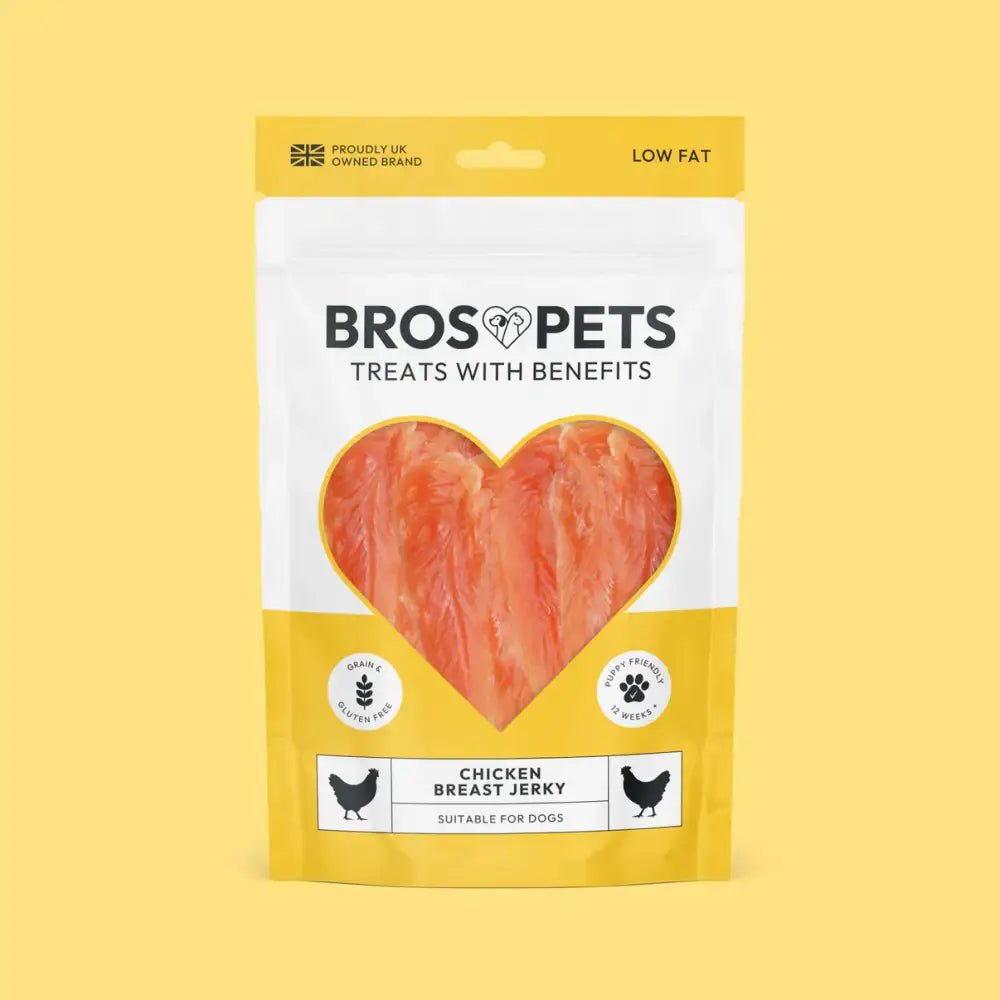 Bros Pets yellow and white chicken breast jerky pouch with heart window.