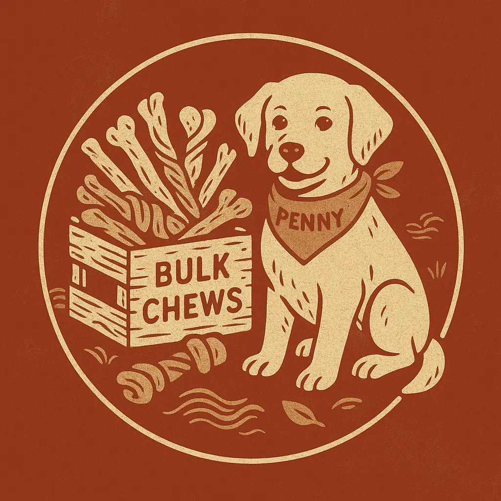 Penny dog chew toy box with bones and bandana design in bulk dog treats collection