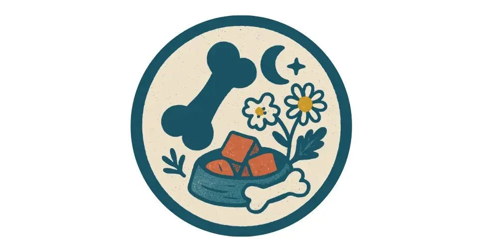Blue bone-shaped bowl with kibble and white flowers from Pets Larder