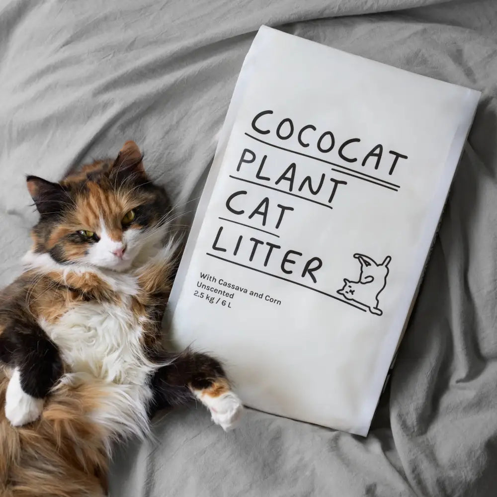 Cococat natural cat litter bag with cat illustration on white background