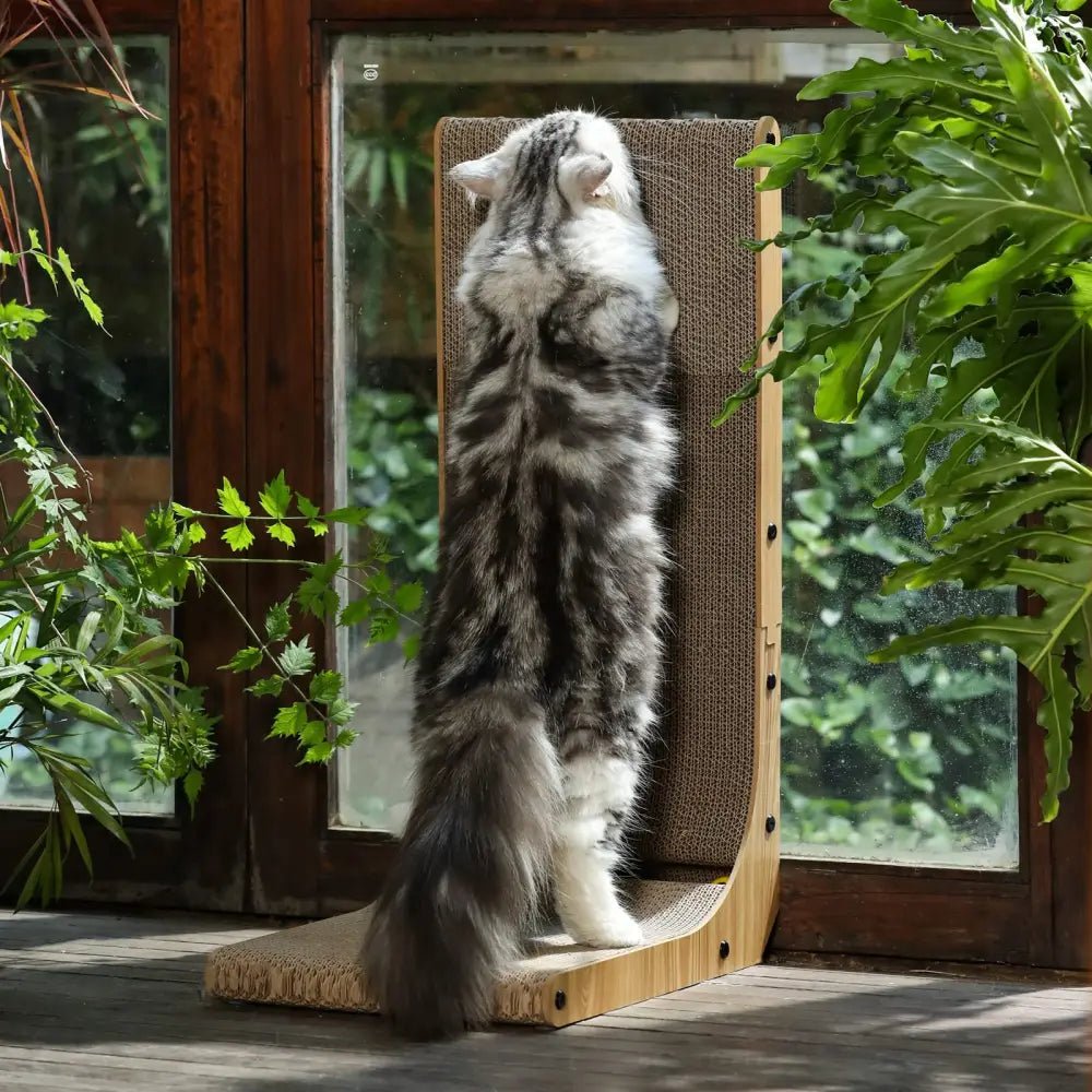 Wooden cat scratcher from Pets Larder with textured natural finish.