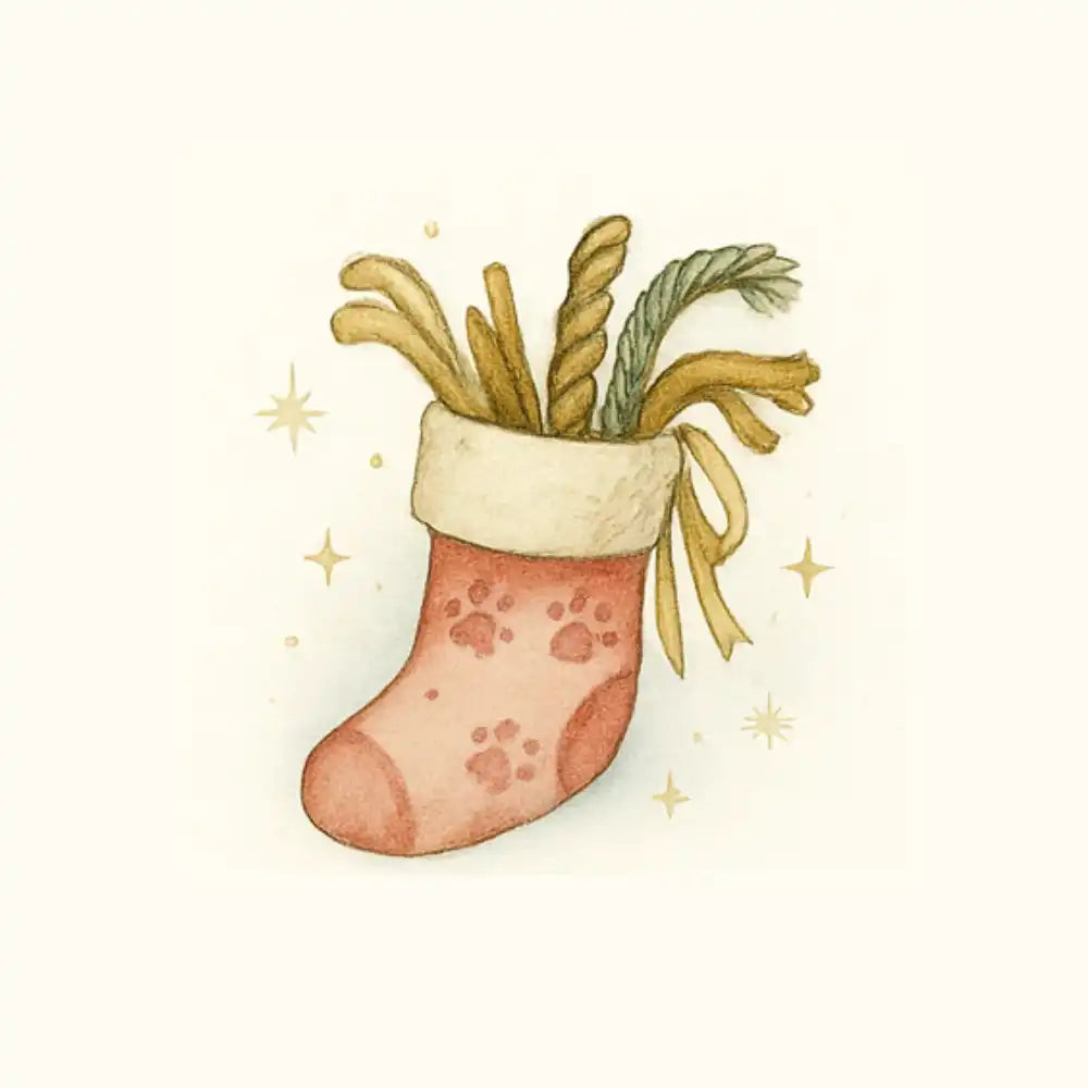 Pink paw print Christmas stocking with gold ribbon and wheat sheaf from Ethically Sourced Pets Larder.