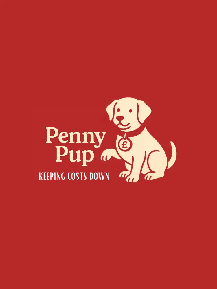 Penny Pup dog tag necklace with dollar sign pendant on red background