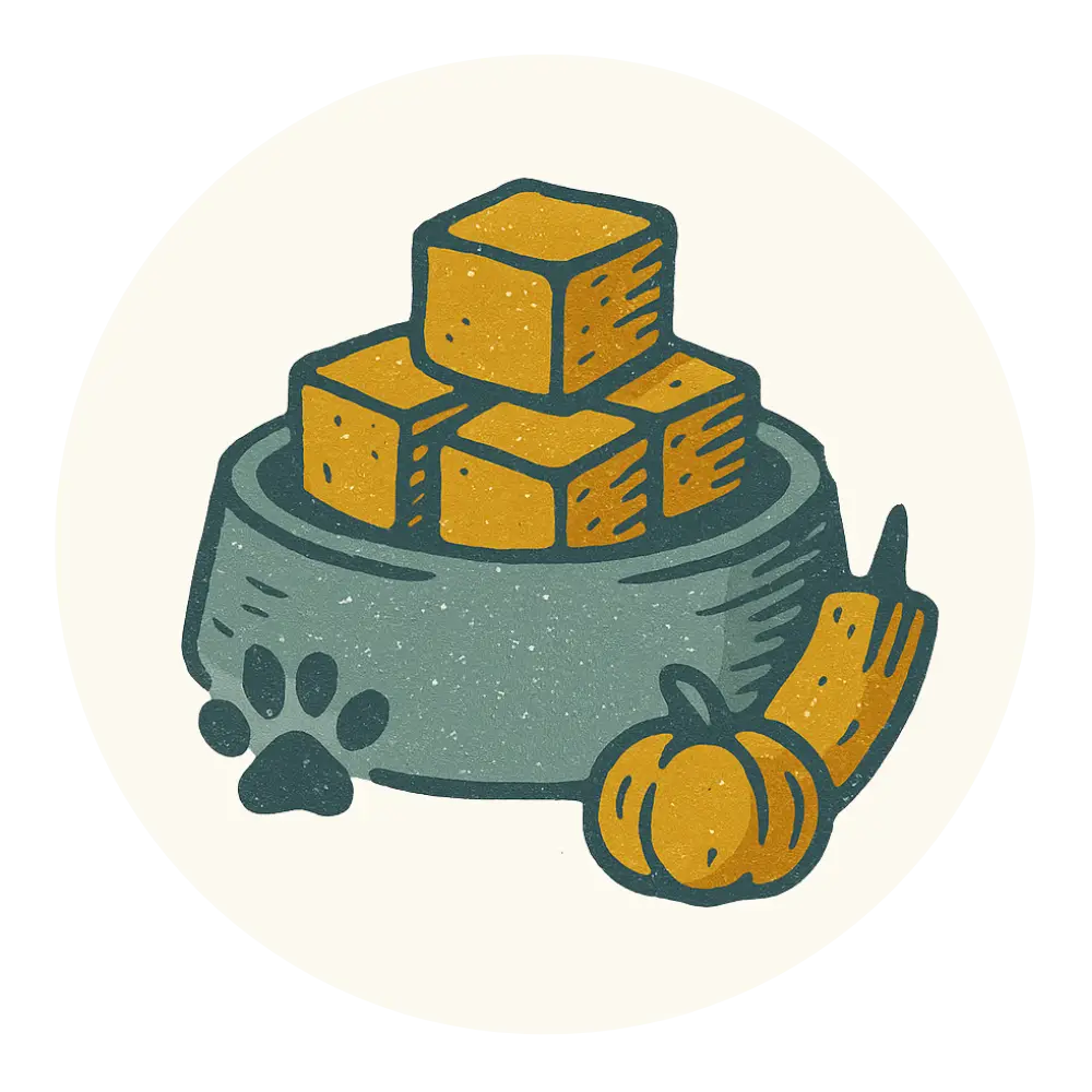 Gray ceramic dog bowl with paw print and pumpkin decorations for freeze-dried dog food