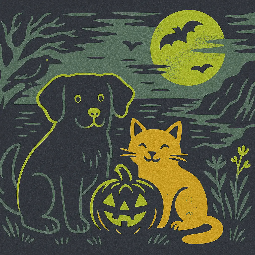Yellow cat with carved pumpkin and black Halloween dog under full moon