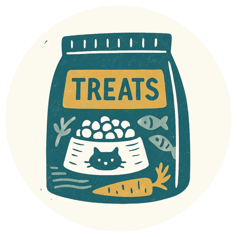 Natural cat treats bag with fish and carrot design on teal background