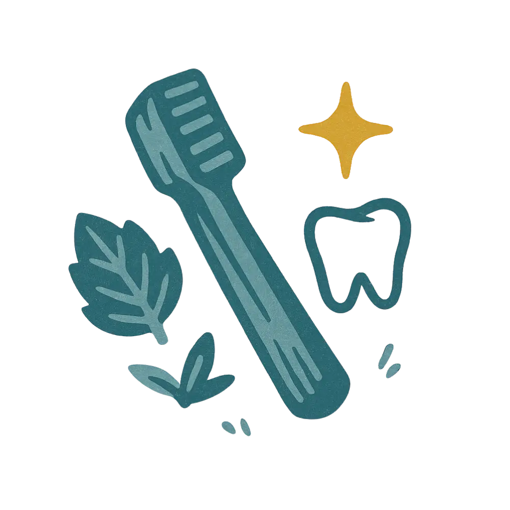 Natural dog blue toothbrush with green leaves and yellow cross for oral health improvement and reduce plaque buildup