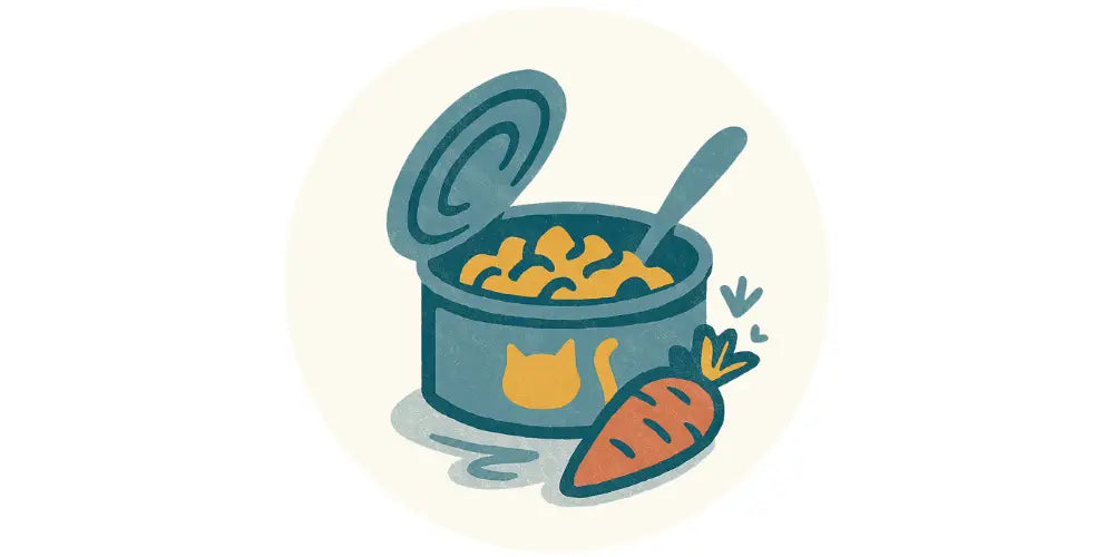 Yellow cat-shaped wet cat food box with spoon and carrot on white background