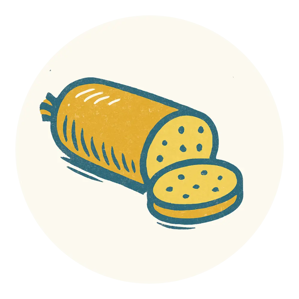 Yellow sausage with blue lines in Pets Larder Pate, ethically sourced natural cat food