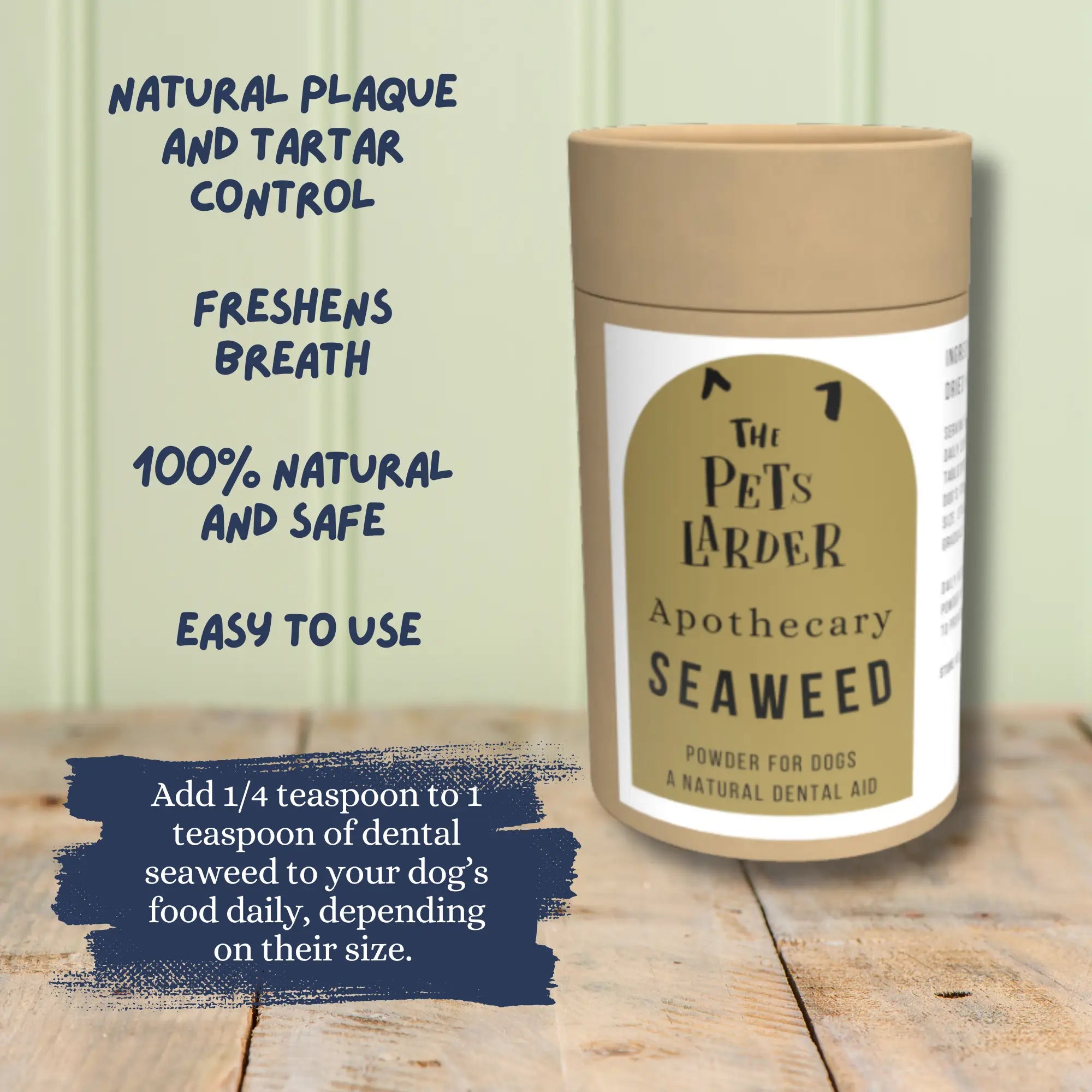 Pets Larder Apothecary natural dental aid powder for dogs in beige jar